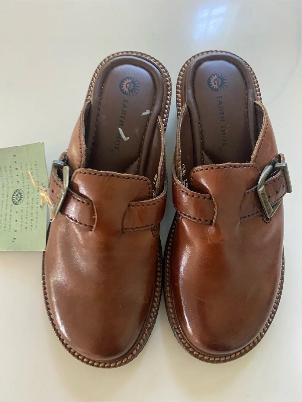 Earth Origins Men’s Tan Brown Leather Slip-On Clogs with Buckle